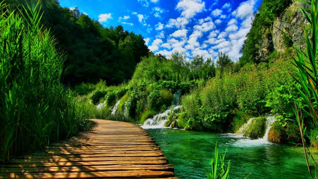 Wooden pontoon bridge nature landscape